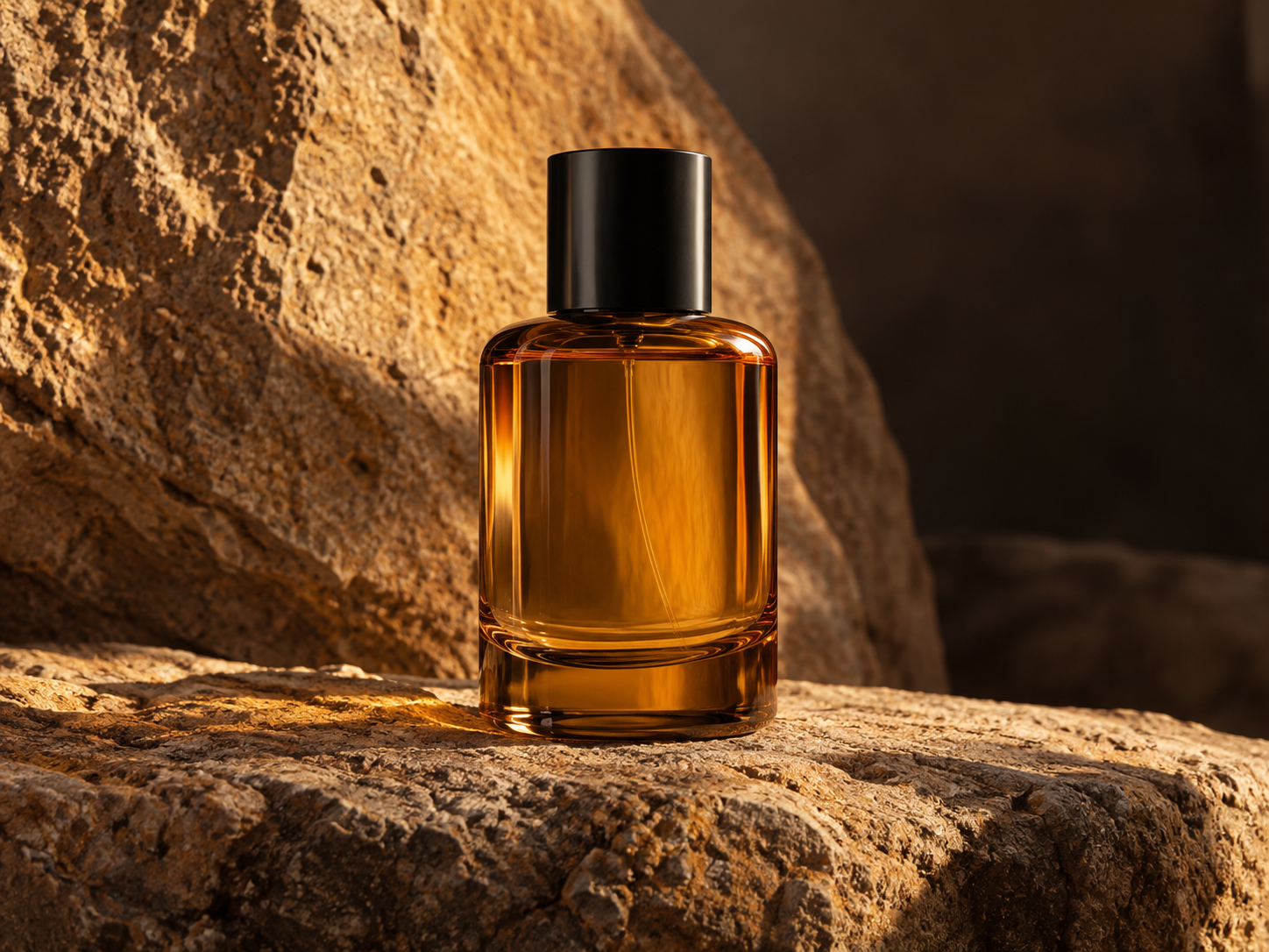 An amber perfume bottle on sandstone in warm light
