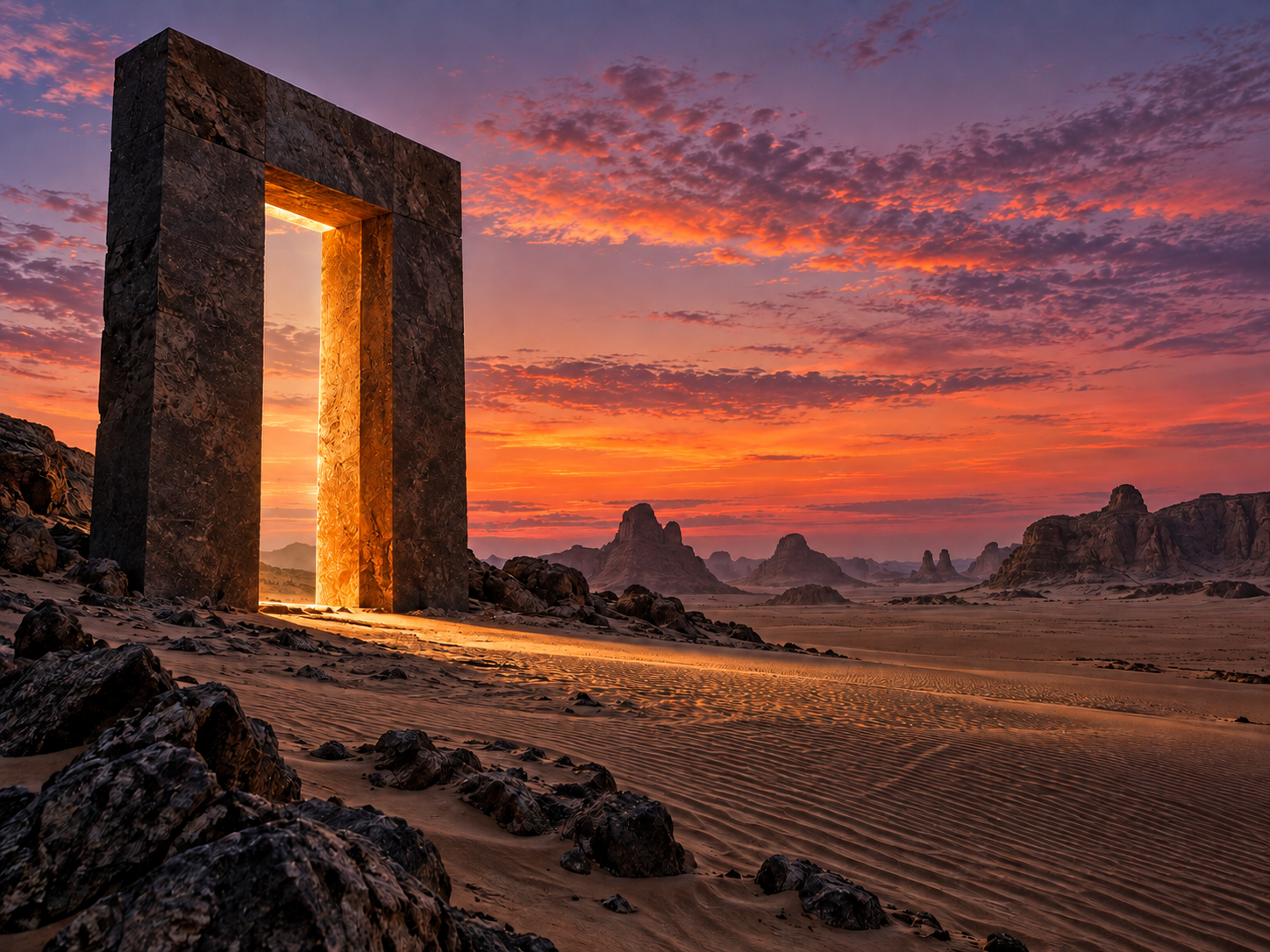 An illuminated stone portal in the desert at dusk